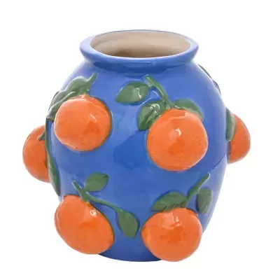 Vaso azul cerâmico com tangerinas em relevo