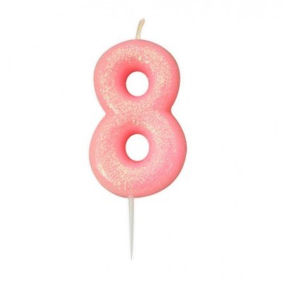 Vela cor-de-rosa em forma do número 8 com glitter