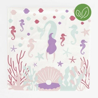 Guardanapo de papel com padrão de sereia e vida marinha em tons pastel.