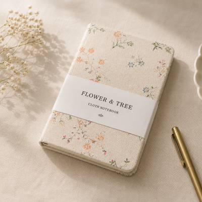 Caderno tecido floral bege FLOWER & TREE com caneta e flores secas