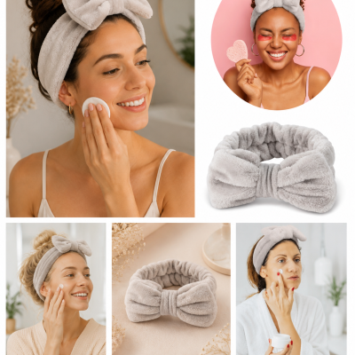 Faixa de cabelo cinzenta felpuda com laço usada durante skincare