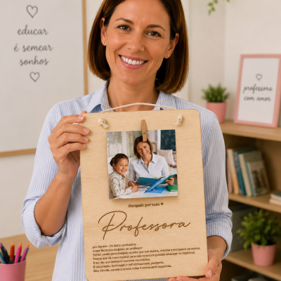 Placa decorativa de madeira com fotografia e texto sobre professora