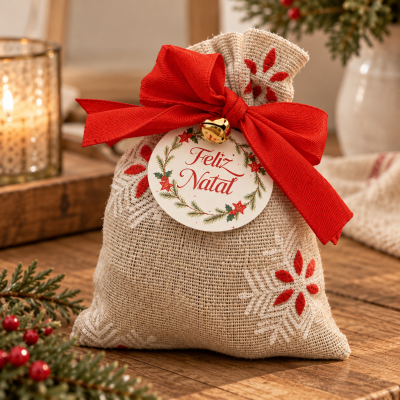 saco tecido branco com laço vermelho e etiqueta Feliz Natal