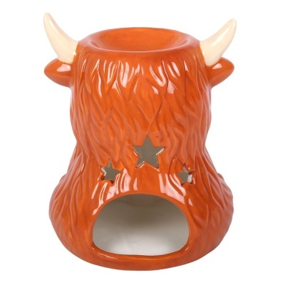 Aromatizador de cerâmica em forma de cabeça de animal laranja com chifres brancos e estrelas recortadas.