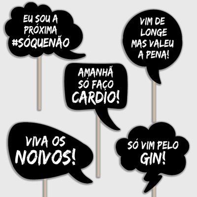 Cinco plaquinhas pretas para fotos com frases engraçadas em português