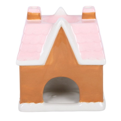 Casa decorativa em cerâmica castanha e rosa com abertura frontal