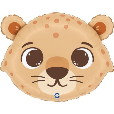 Balão de hélio em forma de cabeça de leopardo bege com manchas castanhas