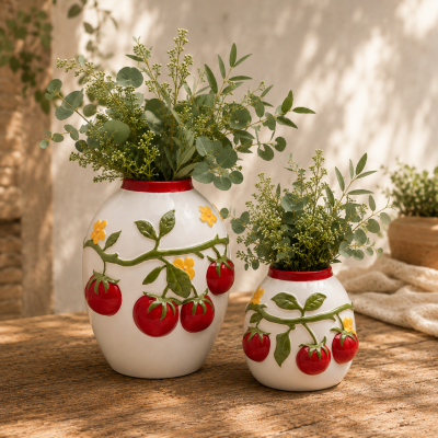 Dois vasos de cerâmica decorados com tomates e flores com folhagem verde