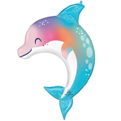 Balão em formato de golfinho com cores azul, lilás e branco