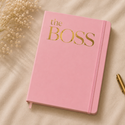 Caderno rosa com texto dourado the BOSS, elástico e marcador, caneta dourada e flores secas
