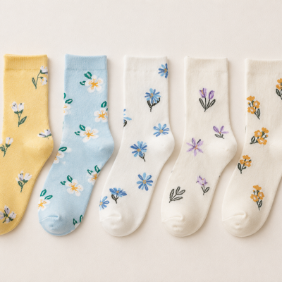 Cinco pares de meias coloridas com estampas florais bordadas.