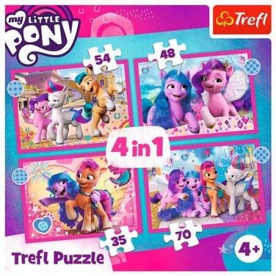 Embalagem de puzzles Trefl My Little Pony com quatro puzzles coloridos para crianças