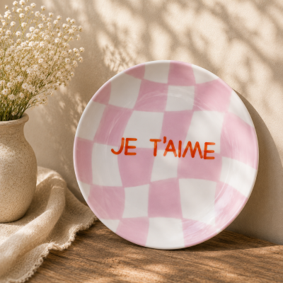 Prato cerâmico rosa e branco com texto vermelho e vaso com flores brancas