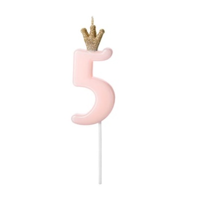 Vela de aniversário número 5 rosa com coroa dourada