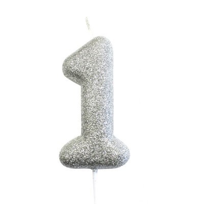 Vela prateada com glitter formato número 1