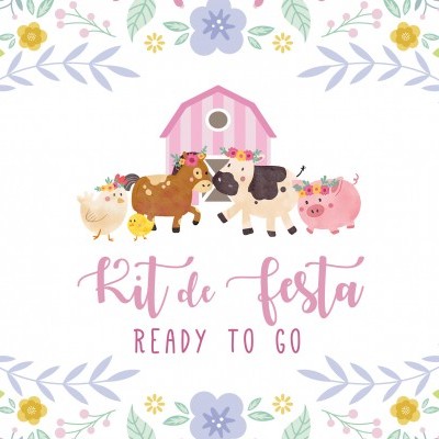 Ilustração de animais da quinta com flores e texto Kit de festa READY TO GO