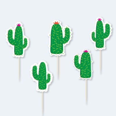 Toppers para bolos em forma de cactos verdes com flores coloridas
