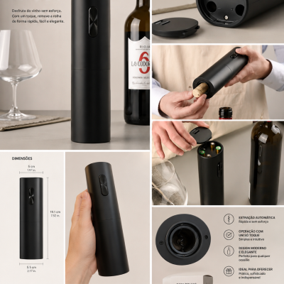 Saca rolhas elétrico preto cilíndrico com botão, junto a garrafa de vinho, copo e caixa