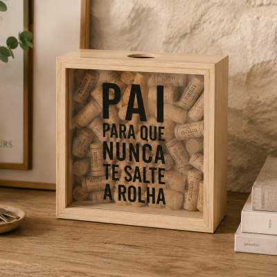 Caixa decorativa de madeira com rolhas de cortiça e texto em português para pai
