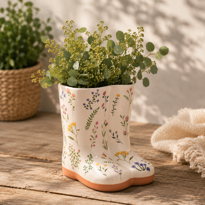 Vaso em forma de botas com padrão floral e plantas verdes