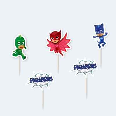 Toppers para bolos com personagens PJ Masks e palavra PARABÉNS