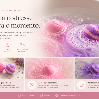 Bombas de banho efervescentes coloridas com flores de lavanda e texto em português sobre relaxamento e ingredientes naturais