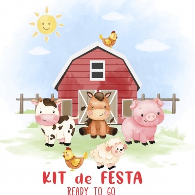 Kit de festa com animais de quinta desenhados em frente a um celeiro vermelho com texto em português e inglês