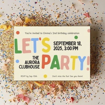 Convite de aniversário colorido com texto e confetes ao redor.