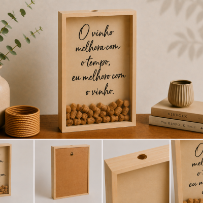 Quadro decorativo de madeira com rolhas de cortiça e frase em português, sobre mesa com objetos decorativos