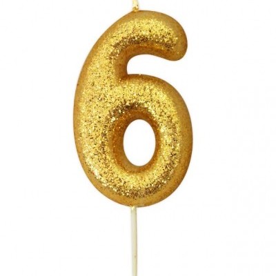 Vela dourada número 6 com glitter e suporte de plástico