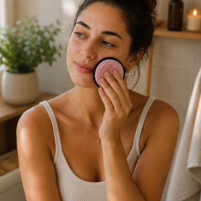 Mulher segurando aplicador rosa com cerdas na cara numa sala de banho.