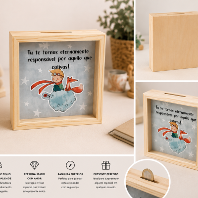 Cofre de madeira decorado com ilustração de criança e raposa e frase em português