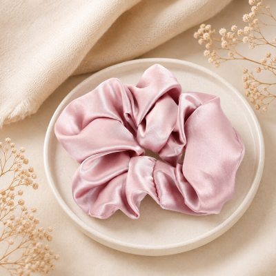 Elástico de cabelo rosa acetinado num prato branco com pano e ramos secos ao fundo.