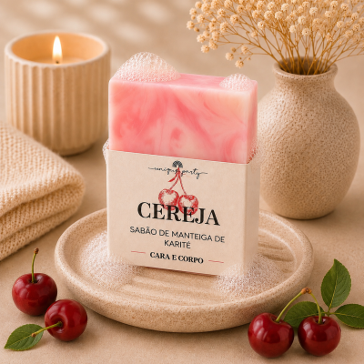 Barra de sabão rosa marmoreado em prato bege com bolhas, cerejas vermelhas e acessórios neutros.