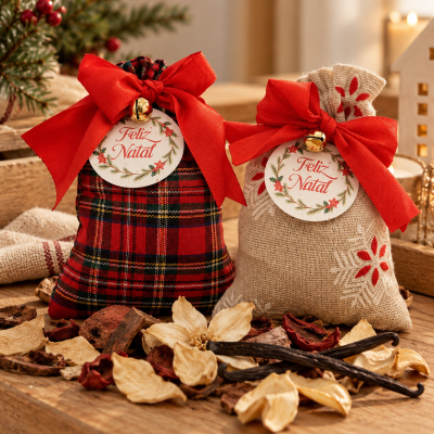 Duas saquetas de tecido decorativas de Natal com etiquetas Feliz Natal, fitas vermelhas, sino dourado e flores secas em fundo de madeira