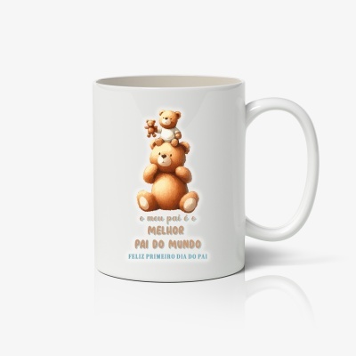 Caneca branca com imagem de ursos e texto em português comemorativo do Dia do Pai
