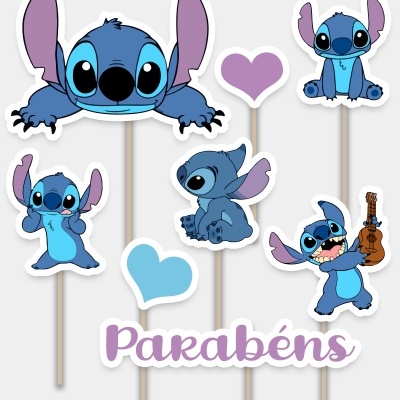 Toppers de bolo com personagens Stitch, corações e palavra 'Parabéns'