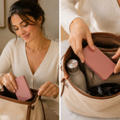 Mulher a colocar power bank rosa numa mala bege e castanha