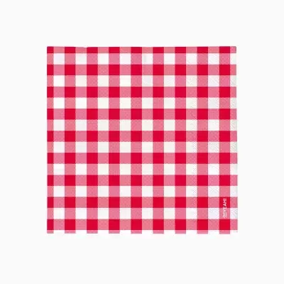 Guardanapo de tecido xadrez vermelho e branco com texto OH YEAH na borda