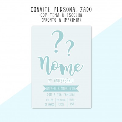 Convite azul claro e branco personalizado para aniversário com texto informativo