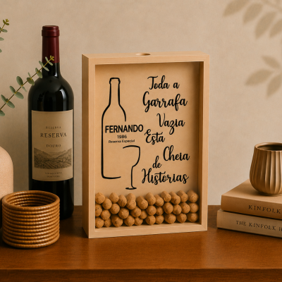 Quadro decorativo com cápsulas de cortiça e texto em português, garrafa de vinho, vaso decorativo, pulseiras castanhas e livros com vela sobre mesa de madeira