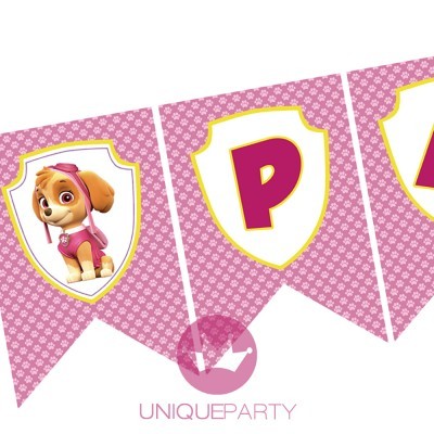 Bandeirola decorativa rosa com personagem canino e letras em escudo branco