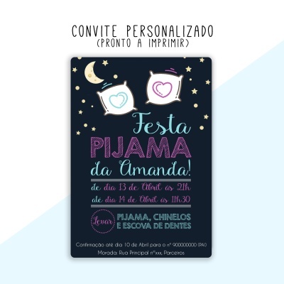 Convite festa pijama da Amanda com estrelas, lua e almofadas em fundo azul escuro