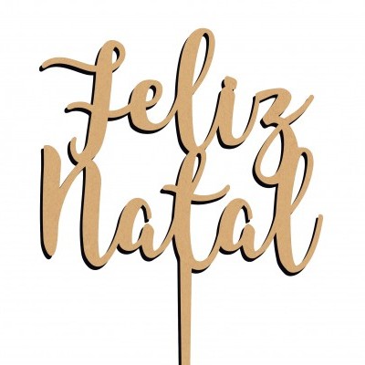 Topo de bolo de madeira com texto 'Feliz Natal'