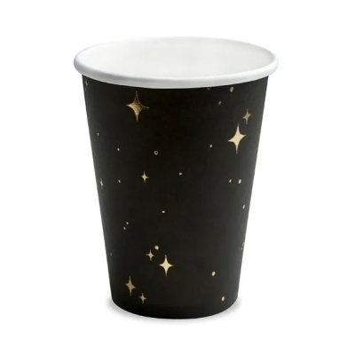 Copo de papel preto com estrelas douradas