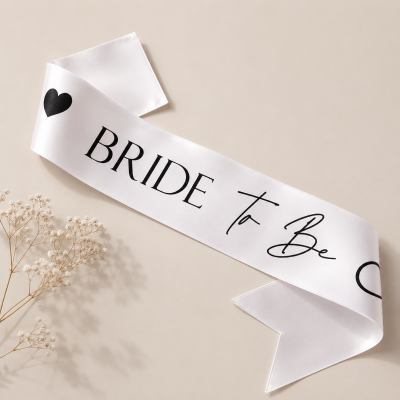 Faixa branca de cetim com texto preto BRIDE To Be e dois corações pretos sobre fundo bege.