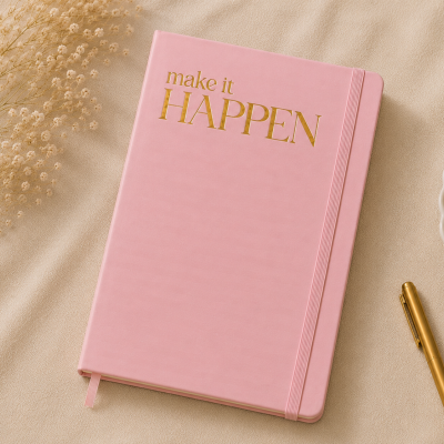 Caderno rosa com texto dourado, elástico, caneta dourada e flores secas sobre tecido beje