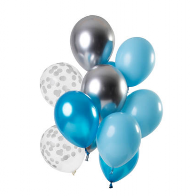 Balões de látex azuis, prateados e brancos com padrão de bolinhas cinzentas