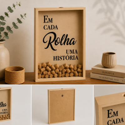 Quadro de rolhas com texto decorativo em madeira junto a vaso, cesta e livros numa mesa de madeira
