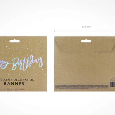 embalagem de cartão castanho para banner de festa com letras iridescentes 'Happy Birthday'